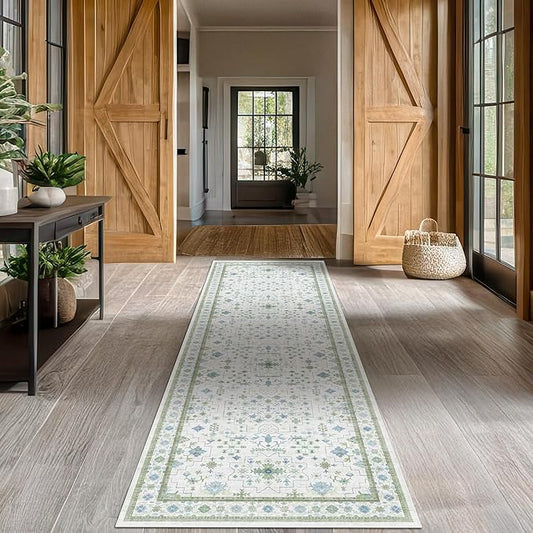 Hazo Haus Oushak 3x20 Wide Hallway Runner Rug - Vintage Turkish Floral, Washable Low Pile Non Slip 20ft Extra Long Runners for Large Kitchen, Hall Way - Blue and Green Décor