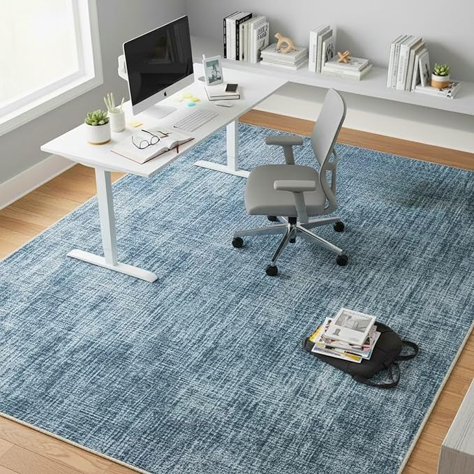 Ottomanson Living Room Area Rug 7'10" x 8' – Non-Slip Soft Rug, Easy to Clean Low Pile Carpet for Bedroom, Dining Room or Office, Solid Greyish Blue