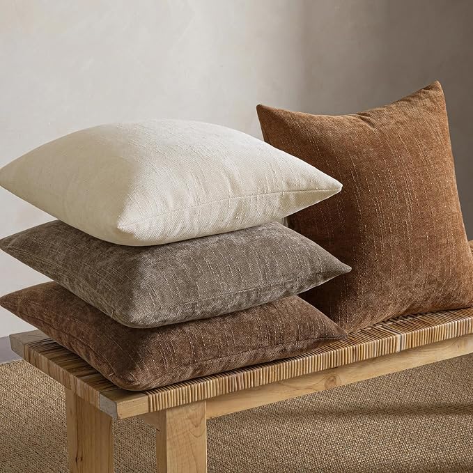 MIULEE Pack of 4 Fall Decorative Throw Pillow Covers 18x18 Inch Chenille Textured Throw Pillows Boho Farmhouse Cushion Covers Vintage Home Decor for Couch Sofa Bed Living Room，Beige Taupe Brown