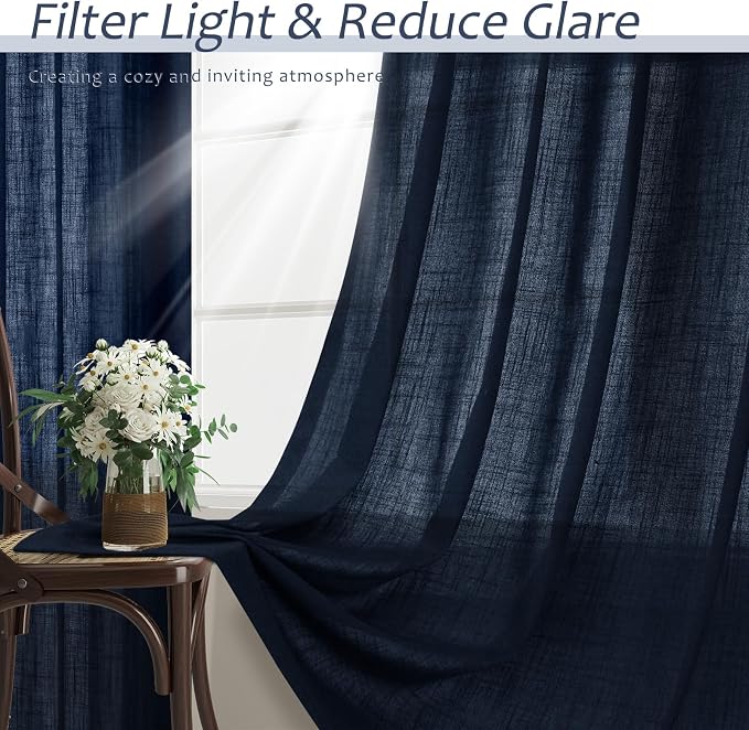 Aersas Navy Linen Curtains 120 Inches Long for Bedroom 2 Panels Back Tab Pocket Drapes Light Filtering Semi Sheer Privacy Dark Blue Curtains for Living Room 52x120