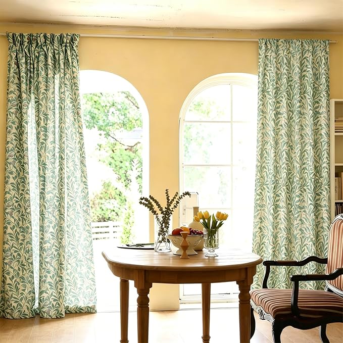 RoomTalks Green Floral Window Curtains 84 Inches Length 2 Panels, Boho Country Vintage Cute Botanical Vine Leaf Faux Linen Curtain Panels for Bedroom Dining Living Room Dorm Summer Aesthetic Decor