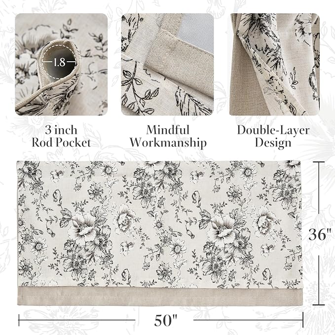jinchan Linen Kitchen Curtain 36 Inch French Floral Double Layer Curtain Farmhouse Vintage Tier Drape Rustic Half Window Curtain for Living Room Window Treatment Rod Pocket 1 Panel Black on Beige