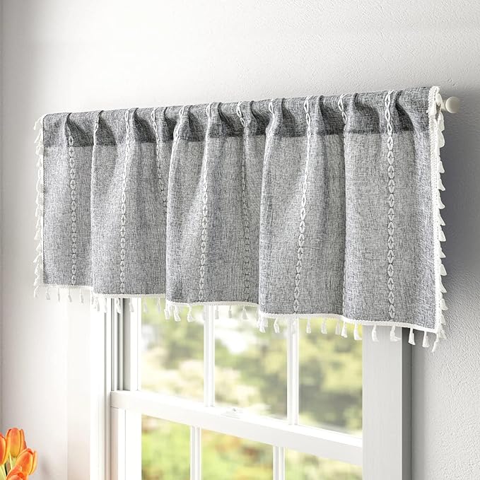 RoomTalks Rustic Farmhouse Kitchen Valances for Windows in Dark Gray, 18’’L x 52’’W Boho Striped Vintage Charcoal French Country Cottage Textured Tassel Curtain Valances for Bathroom Living Room