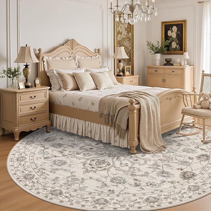 Round Area Rug for Living Room: 8 ft Washable Vintage Boho Soft Thin Circle Rug Indoor Floor No Slip Stain Resistant Carpet for Bedroom Dining Room Farmhouse Nursery Home Office -Brown Beige