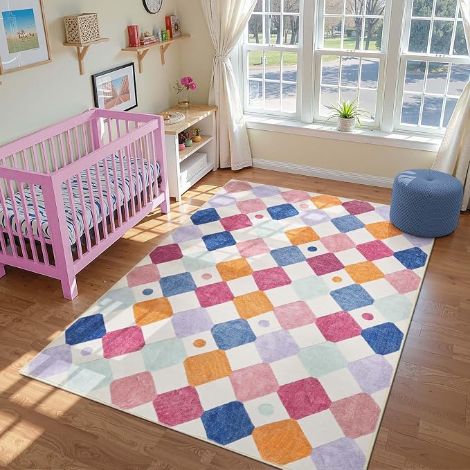 jinchan Macy 6x9 Kids Area Rug for Classroom Modern Colorful Nursery Rug Checkered Diamond Play Mat Washable Soft Non Slip Carpet for Playroom Living Room Bedroom Daycare Berries on Cream