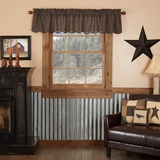 VHC Brands Kettle Grove Window Curtain, Plaid Valance Scalloped, Black, 16x72