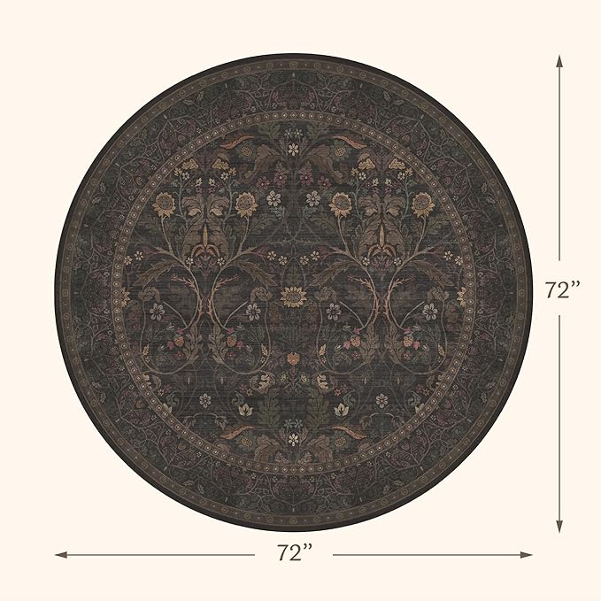 Floral 6ft Round Carpet for Dining Room Under Table, Thin Low Pile Soft Botanical Patern Area Rug for Bedroom, Living Room, Traditional Home Décor Non Skid (Black and Brown)