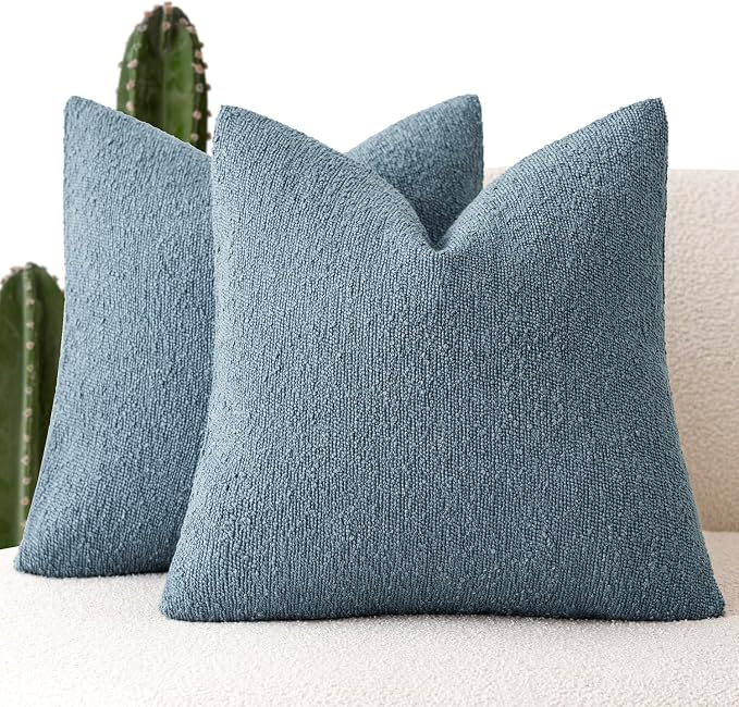 Foindtower Set of 2, Decorative Textured Boucle Throw Pillow Covers Accent Solid Pillow Cases Neutral Cozy Couch Cushion Case for Chair Sofa Bedroom Living Room Home Decor 26x26 Inch Misty Blue