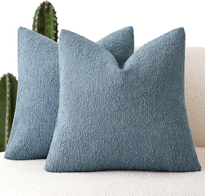Foindtower Pack of 2 Textured Boucle Throw Pillow Covers Accent Solid Decorative Pillow Cases Cozy Woven Couch Cushion Case for Sofa Bedroom Living Room Home Decor 20x20 Inch Misty Blue