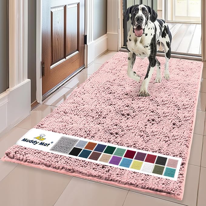 Muddy Mat® | Super Water Absorbent Door Mat Indoor, Microfiber Quick Dry Chenille Entryway Rug,Slip Resistant Front Door Mat,Indoor Mats for Entryway,Machine Washable Pet Rug, Light Pink 36" x 120"