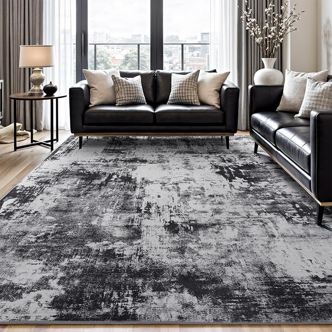 Rugflix 6x9 Area Rugs for Living Room, Washable Large Rug Stain-Resistant Low Pile, Modern Dark Carpet for Dining Room Home Office Kid Room Nursery Bedroom, Black Grey