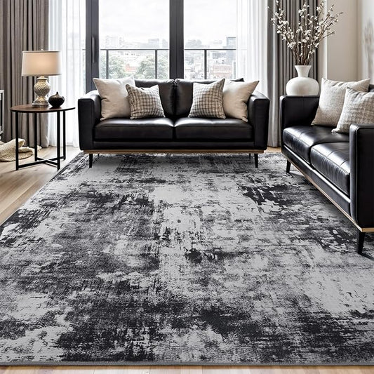 Rugflix 10x12 Area Rugs for Living Room, Black Grey Large Rug Stain-Resistant Low Pile, Big Washable Dark Carpet Non-Slip for Bedroom Dining Room Home Office Nursery Room