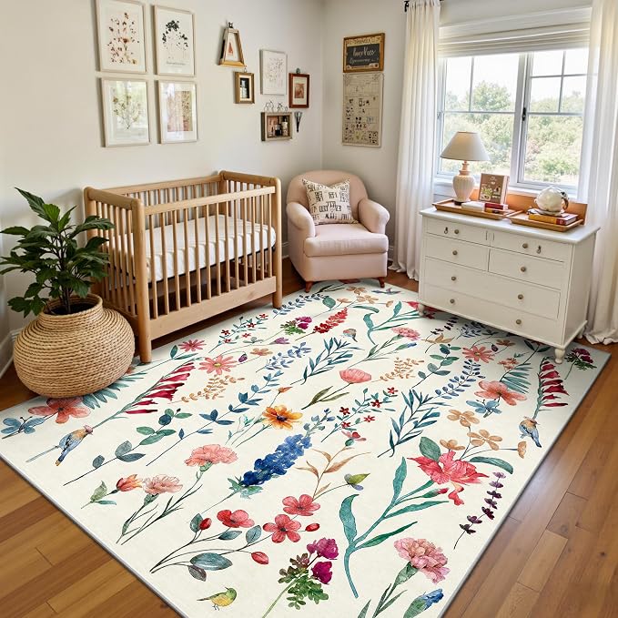 6x9 Area Rugs, Washable Floral Area Rugs for Living Room, Indoor Area Rug for Bedroom, Dining Room, Low Pile Non-Slip Non Shedding Rugs(Beige Floral)