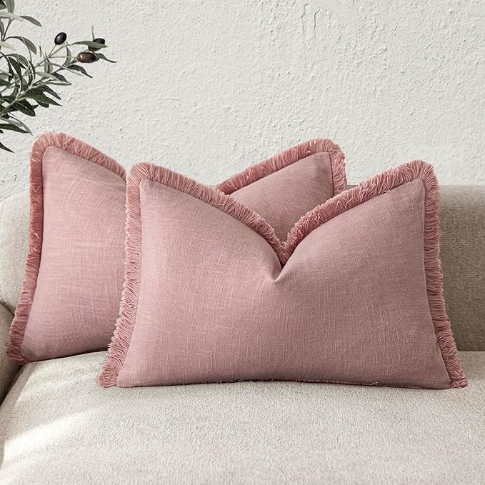 Foindtower Set of 2 Decorative Linen Fringe Lumbar Throw Pillow Covers Boho Farmhouse Cushion Cover with Tassels Soft Accent Pillowcase for Couch Sofa Bed Living Room Home Decor,12×20 Inch,Rose Pink