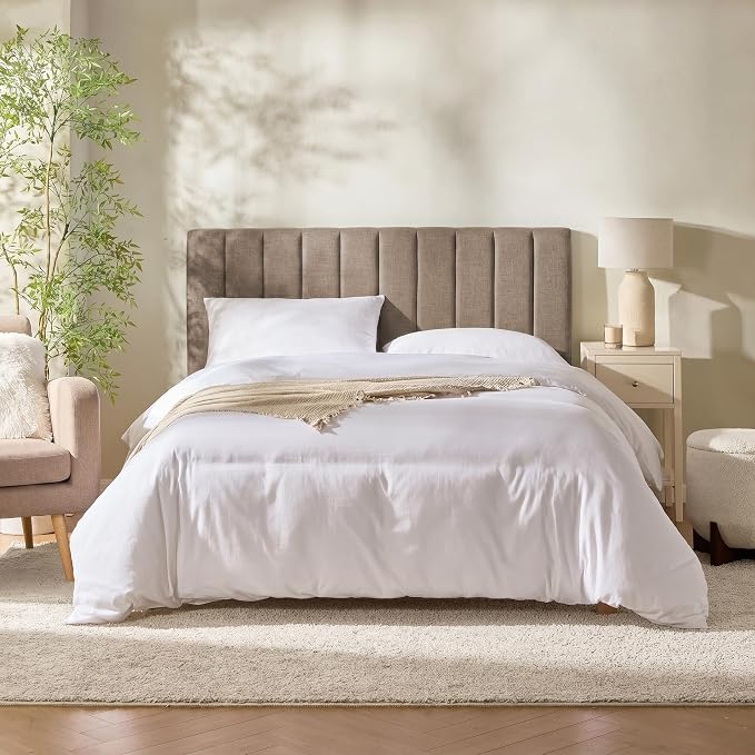Hearth & Harbor Upholstered Full Headboard - Easy Assemble Channel Stitched Headboard Full Size - Wall Mounted Headboards with 3D Soundproof Wall Panels Peel & Stick Floating Headboards, Mocha