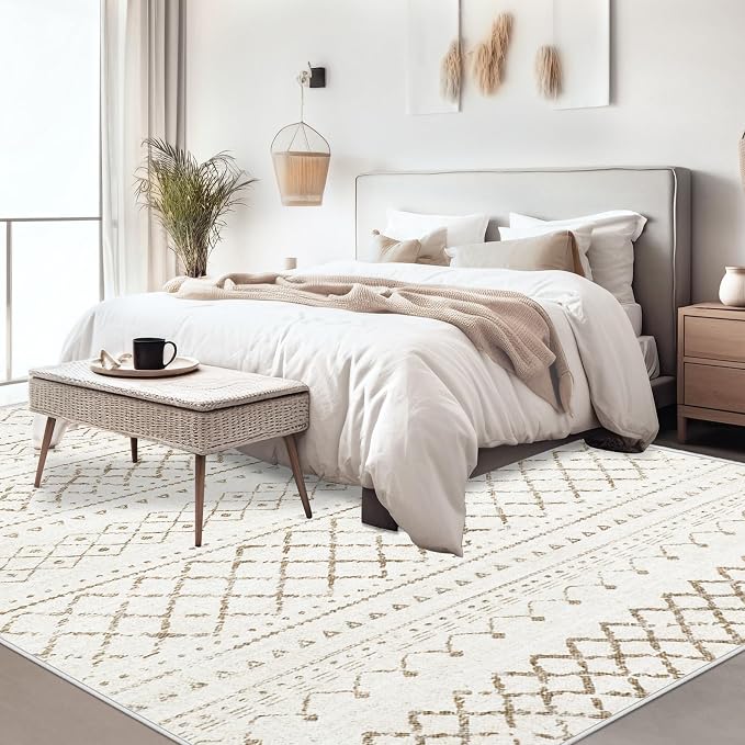 Area Rug for Living Room 9x12: Large Washable Boho Moroccan Rugs Geometric Neutral Rug, Non-Slip Foldable Morden Farmhouse Indoor Floor Carpet for Bedroom Dining Table Home（Brown,9X12）