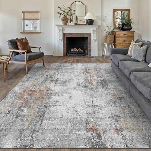 10x12 Washable Area Rug Rust Grey Abstract Non Slip Soft Low Pile Rug for Living Room Bedroom Dining Room Office Neutral Modern Indoor Large Throw Carpet for Home Decor