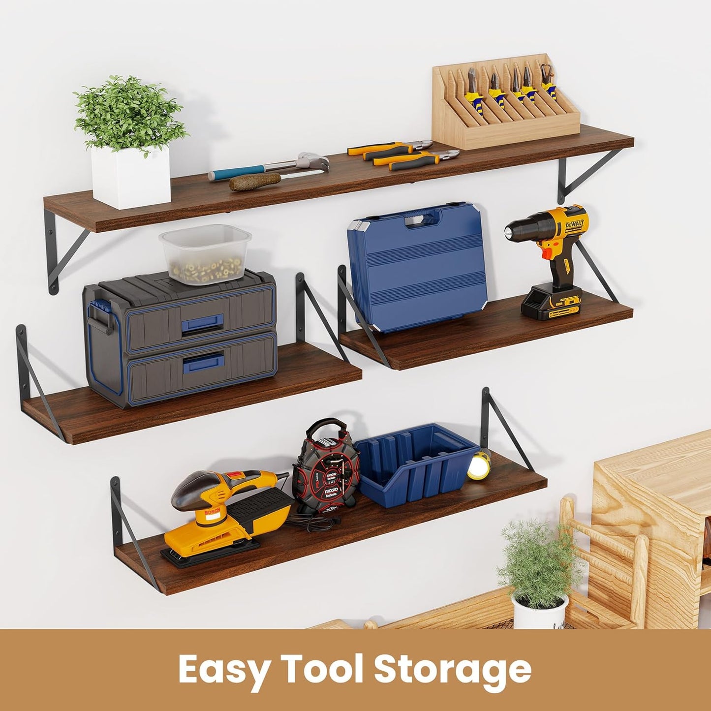 Heimlove Floating Shelves for Wall 24 Inches,8 Inches Deep Wall Bookshelf Mounted Display&Storage Wood Shelves for Kitchen Bathroom Laundry Living Room,Set of 3 (Walnut Color)