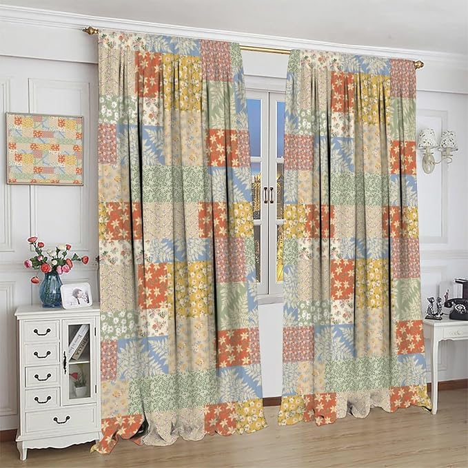 Boho Patchwork Floral Blackout Curtains Pieced Patchwork Plaid Design Farmhouse Yellow Print Window Drapes for Bedroom Living Room Kitchen Cafe （W21xL45 Inch） x2 Panels