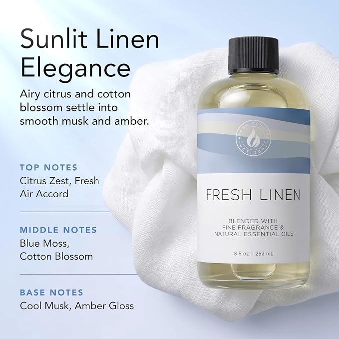 Aroma Country Fresh Linen Luxury Diffuser Oil Refill (4 Fl Oz) | Hotel-Inspired • Long-Lasting Home Fragrance • for Aromatherapy, Reed Diffusers, Diffuser Machines & Room Sprays