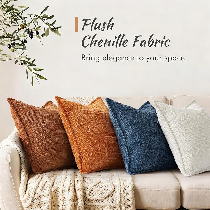 decorUhome Chenille Fall Throw Pillow Covers 26X26 Set of 2, Soft Textured Slubby Modern Decorative Pillow Covers with Elegant Design for Couch, Sofa, Living Room, Burnt Orange
