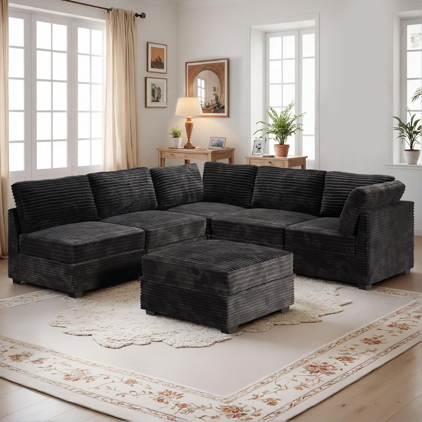 HOOOWOOO Modular Sectional Sofa,6 Pieces Sectional Couches for Living Room,98X98 L Shaped Cloud Couch with Ottoman Chaise Set(Black Velvet Corduroy)