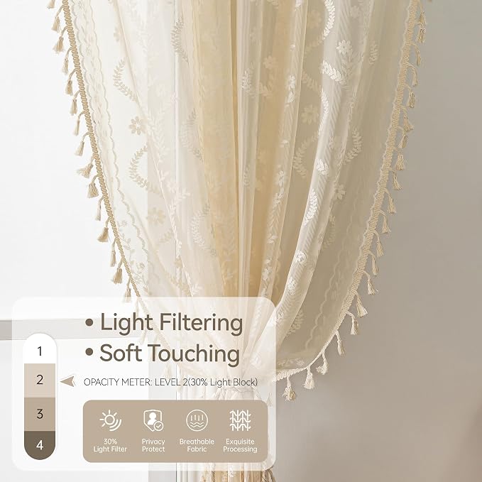 WAZZIO Boho Lace Curtains 2 Panels 96 Inches -Cute Vintage Victorian Sheer Panel Drape French Country Floral Pattern & Tassel Light Filtering Privacy for Bedroom Dining Living Room,Beige,W52x L96
