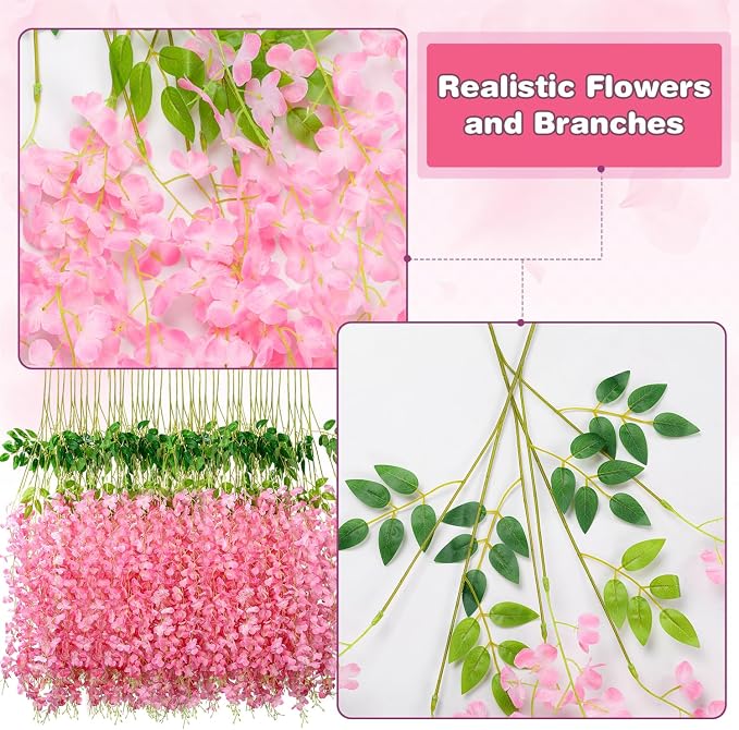 Alotiki Wisteria Hanging Flowers,75 Pack Fake Hanging Flowers,Wisteria Artificiales Garland for Home Wedding Arch Floral Party Garden Ceremony Outdoor Decor,3.6 Feet Long(75,Pink)