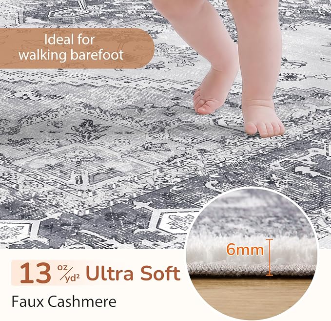 OPPODREAM Soft 9x12 Area Rugs for Living Room, Washable 9x12 Rugs for Bedroom with Non Slip Backing, Faux Cashmere Low-Pile 9 x 12 Carpet, Grey