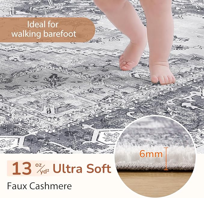 OPPODREAM Soft Round Rug 6ft, Play Room Rug, Washable Circle Rug 6ft with Non Slip Backing, Small Low-Pile Area Rugs 6 ft, Faux Cashmere Throw Carpet, Grey