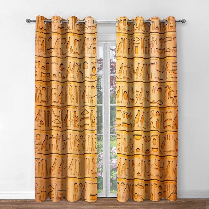 Jekeno Ancient Egyptian Blackout Curtains - Retro Murals and Hieroglyphs Vintage Egypt Theme Print Decor Home Bedroom Living Room Darkening Grommet Window Drapes 2 Panel Set,42"x63"