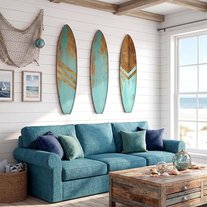 Yookeer 3 Pcs Surfboard Wall Decor,36" x 12" Large Wooden Coastal Beach Wall Decor Set, Aesthetic Cute Beachy Tropical Surf Board Art for Room Bedroom Decoration(Blue,Rustic)