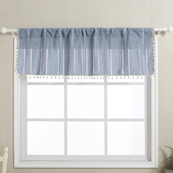 RoomTalks Boho Kitchen Valances for Windows Embroidered French Striped Farmhouse Vintage Chic Textured Tassel Curtain Valances for Bathroom Living Room Bohemian Decor (18’’L x 52’’W, Blue)