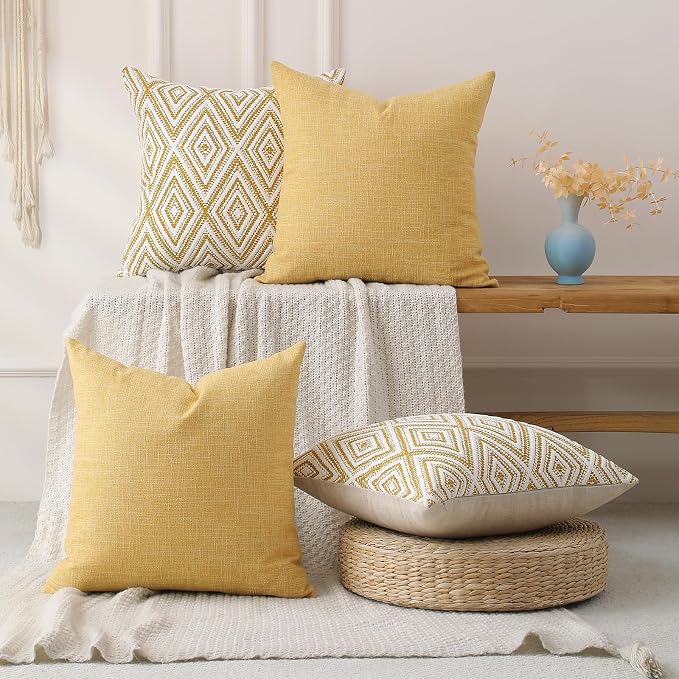 HPUK Throw Pillow Covers 18x18 Inch Set of 4, Linen Decorative Pillow Covers, Accent Cushion Covers for Couch Sofa Bed Bedroom Living Room Décor, Ochre