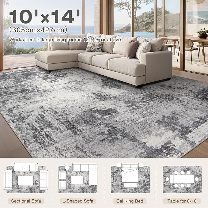 Abstract 10x14 Area Rug: Machine Washable Non Slip Ultra Thin Low-Pile Carpet, Soft Stain Resistant for Living Dining Room Bedroom, Kid Pet Friendly, Robot Vacuum Compatible - Grey