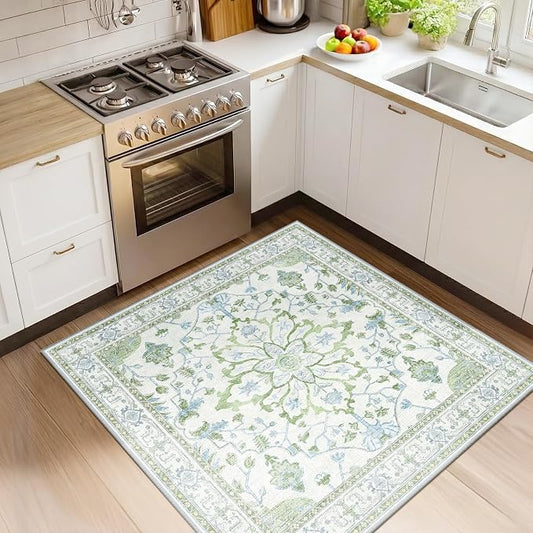 RELEANY Area Rugs Square 4ft Washable Non-Slip, Floral Vintage Distress Medallion Carpet for Living Room Bedroom Dining Room, Green White Blue