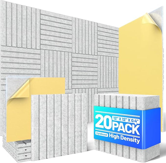 20 Pack Sound Proof Foam Panels for Walls, Acoustic Panels with Self-Adhesive 12" X 12" X 0.4" Slatted Soundproof Wall Panel, High Density Sound Absorbing Panel for Gaming Recoding Studio Decor-Gray