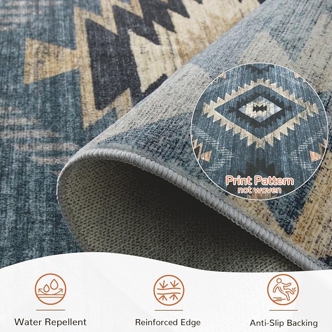 BESTSWEETIE Area Rug 6x9 Rug Machine Washable Rug Non-Slip Low Pile Print Pattern Western Rug for Living Room Bedroom Entryway Tribal Series -Navy/Grey