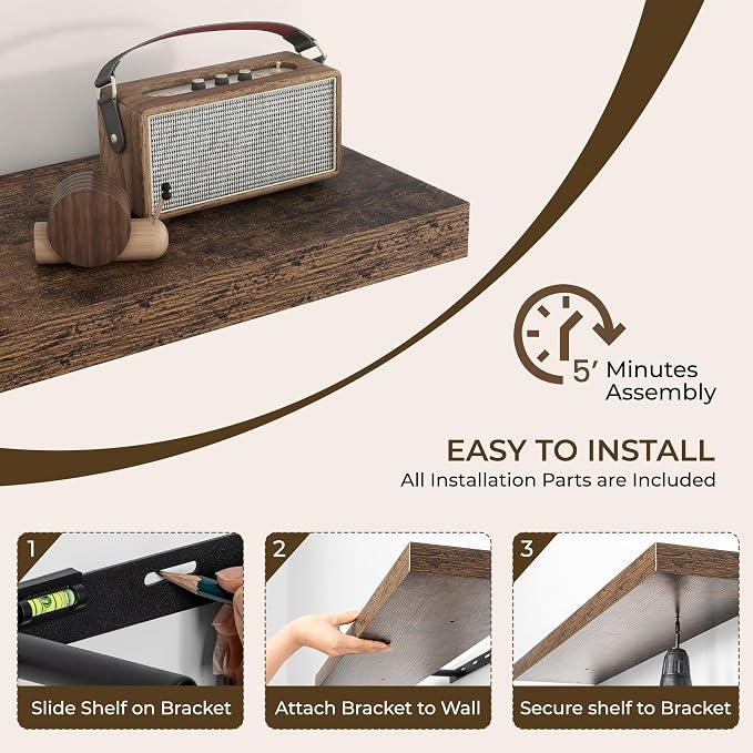 RICHFOCUS 55Inch Floating Shelves for Wall 1 Pack Shelves for Bedroom|Kitchen|Bathroom Wall Mounted Rustic Wood Floating Shelf with Invisible Brackets for Books|Storage|Decor, Rustic Brown