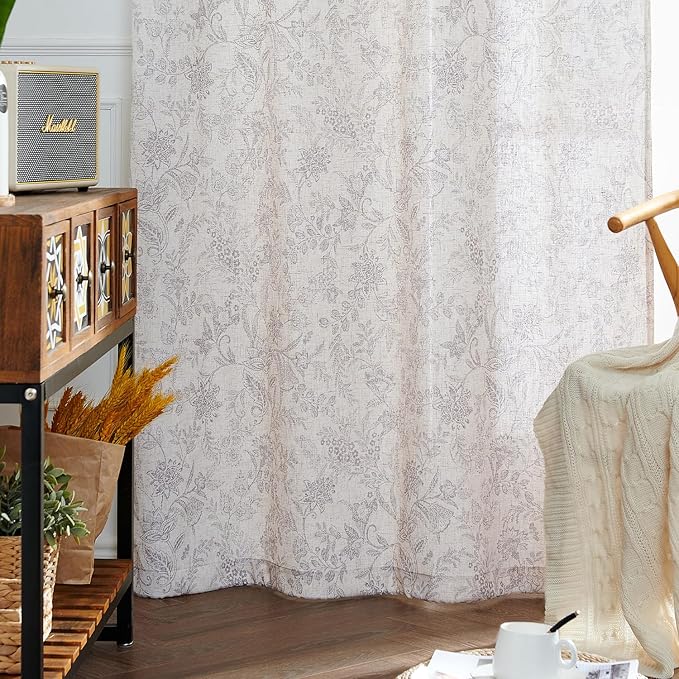 jinchan Floral Linen Blend Curtains for Living Room Verbena Grey French Country Farmhouse Curtains 63 Inches Long Light Filtering Window Back Tab Semi Sheer 2 Panels