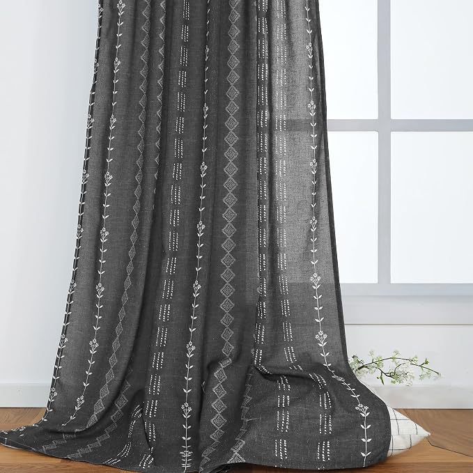 Lino Rosa Black and White Boho Floral Curtains for Bedroom Living Room,Aztec Tribal Bohemian Striped Printed Pattern Sheer Curtains 84 Inches Long 2 Panels