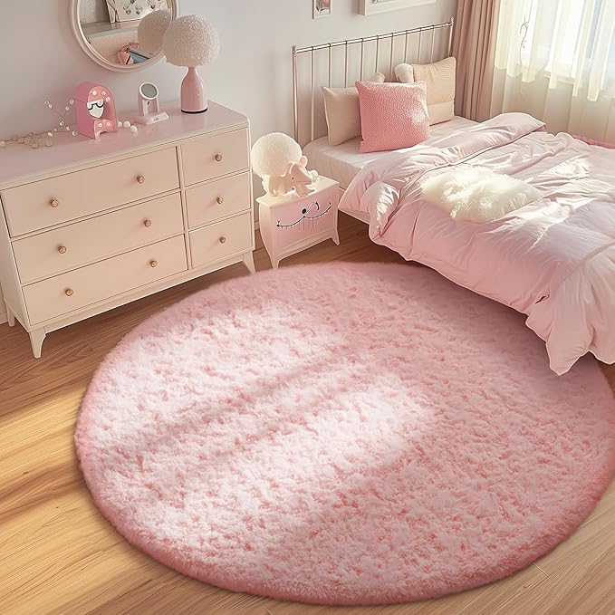 Ophanie Round Rugs 6Ft Pink Circle Area Rug,Fuzzy Bedroom Carpet,Large Shag Plush Floor Kawaii Christmas Living Room Rugs 6 Foot,Cute Room Decor for Kids Teen Girls Baby with Over 99 pcs Pile fibers