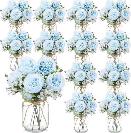 Zeyune 12 Sets Mason Jar Centerpiece Table Decorations, Artificial Peony Baby's Breath Flower Bouquets, Faux Flowers with Vase, Rustic Decor Gifts for Home, Wedding, Holiday (Blue)