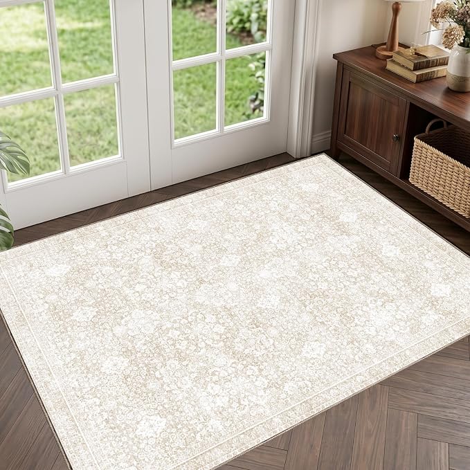 Sasttie 2x3 Rug, Ultra-Soft Washable Rug, Low Pile Foldable Thin Carpets with Non-Slip Backing, Skin-Friendly Stain Resistant Carpet for Living Room, Bedroom, Kitchen, Dorm, 2x3, Cream