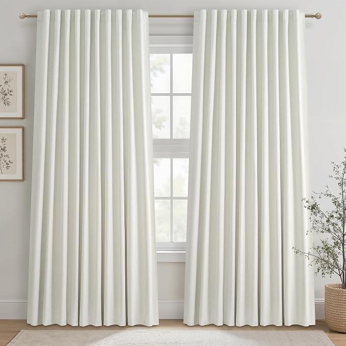 Cute Blackout Curtains 70 Inches Extra Wide Linen 96 Inch Length for Living Room/Sliding Glass Door,Pleated Heavy Duty Thermal Drapes for Winter Thick Large Window(70"Wx96"L 2 Panels Beige White)