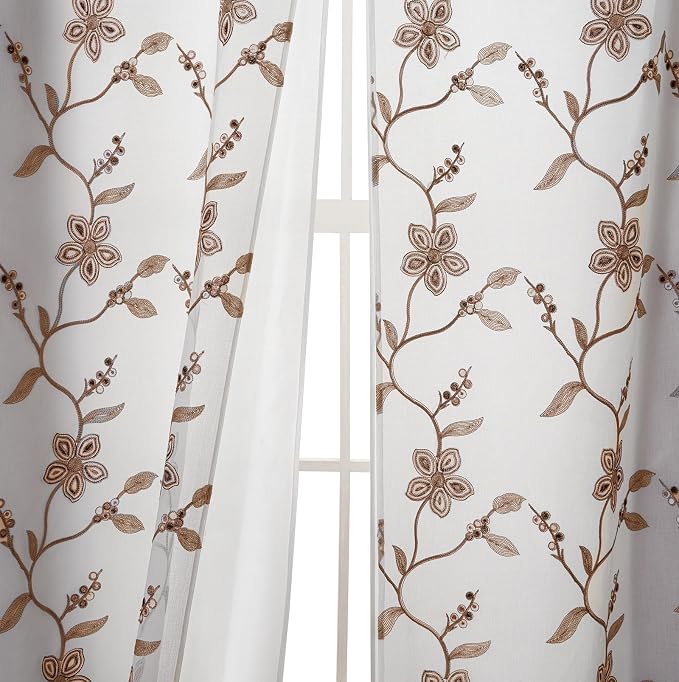 Petrichor Embroidered Sheer Curtain 2 Panels Set - Luxury Window Curtain Attached Valance with Satin Backing and 2 Tie Backs for Living Room,Dining Room, 54x95 inches, Taupe