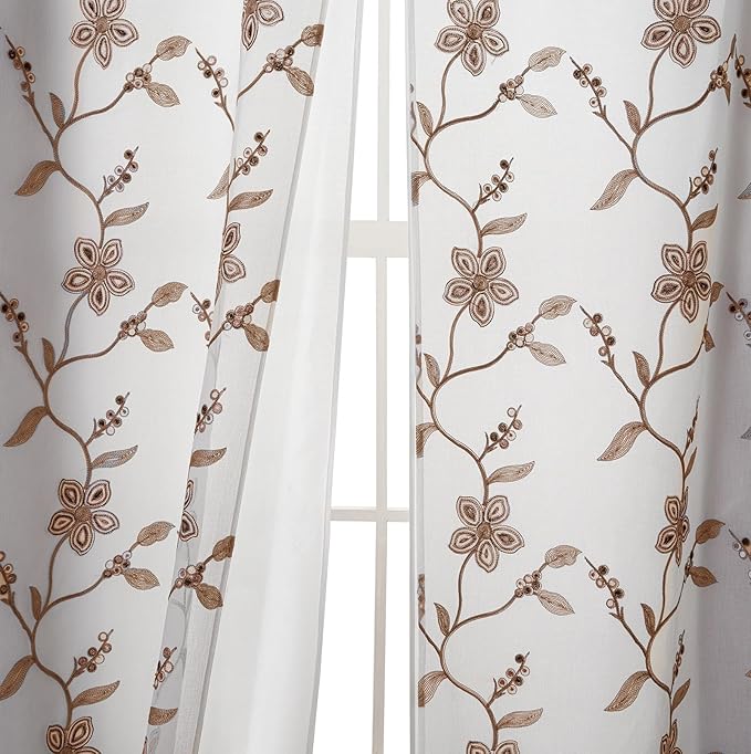Petrichor Embroidered Sheer Curtain 2 Panels Set - Luxury Window Curtain Attached Valance with Satin Backing and 2 Tie Backs for Living Room,Dining Room, 54x63 inches, Taupe