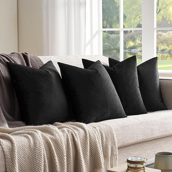 GIGIZAZA Black Velvet Pillow Covers - 18x18 Pack of 4 Decorative Throw Pillows Soft Couch Cushion Luxury Covers for Bed Living Room Accent Elegant Pillow Cases