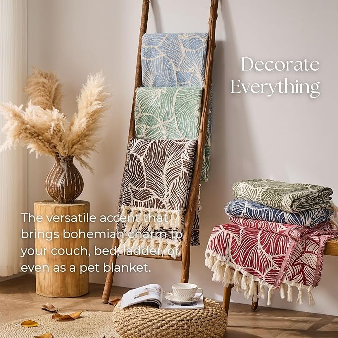 DOWN HOME Chenille Cotton Throw Blanket for Couch, Lightweight Boho Blanket for Bed Sofa Chair Living Room Outdoor Soft Woven Decorative Blanket with Tassel Gift Green Leaves 60"x80"