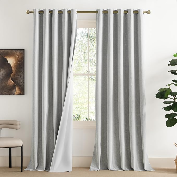NICETOWN Grey Long Linen Full Shade Panels, 62" Wide x 102" Long, Pair of Thermal Insulated & Energy Efficiency Blackout Curtains for Living Room Windows, Lined Silky Performance Window Dressing